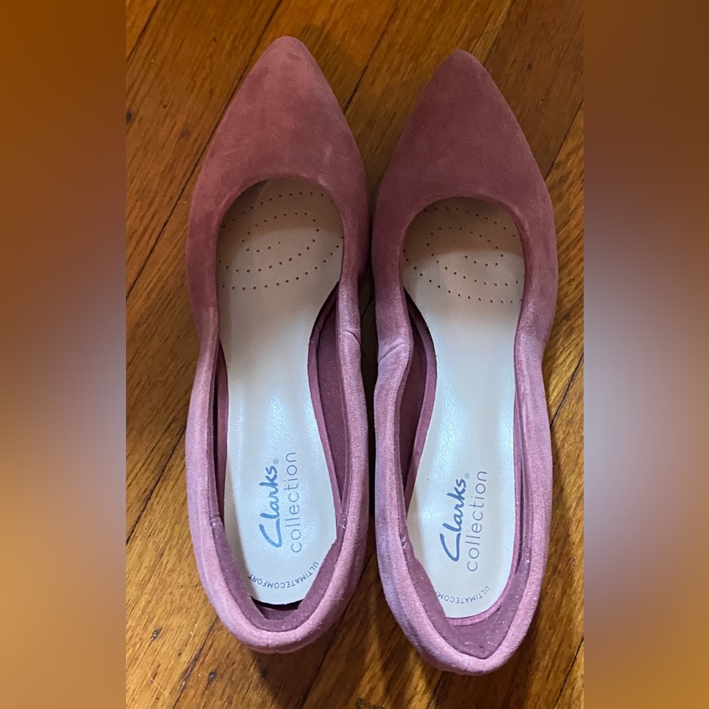 New Clarks Pink Suede Stacked Heel